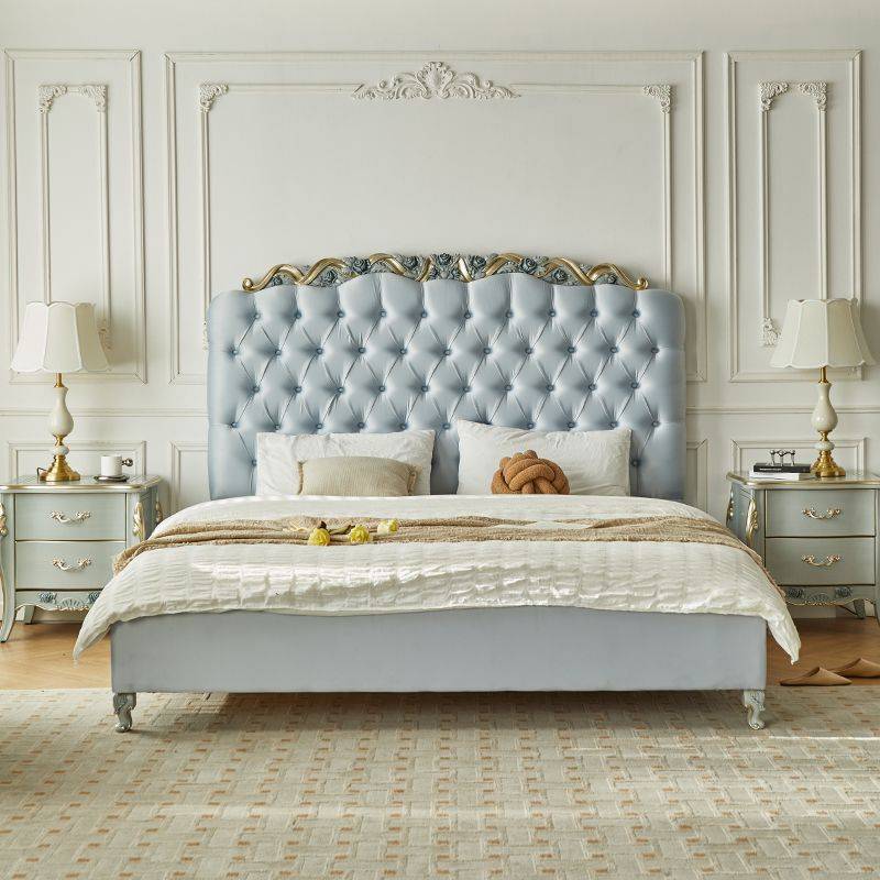 French Blue Grey Tufted Bed